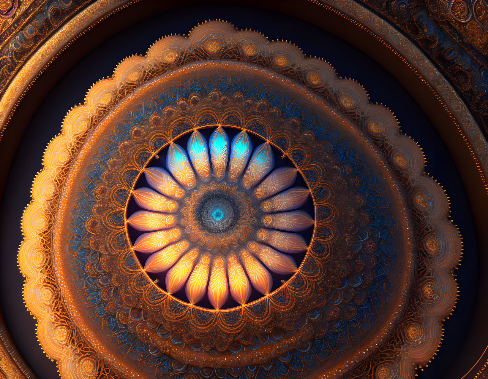 Detailed Fractal Image with Eye-Like Structure in Blue, Orange, and Brown