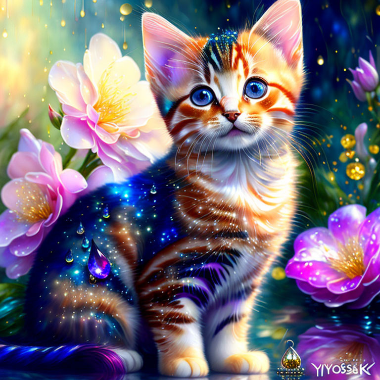 Colorful Digital Artwork: Kitten with Galaxy Patterns and Glowing Flowers