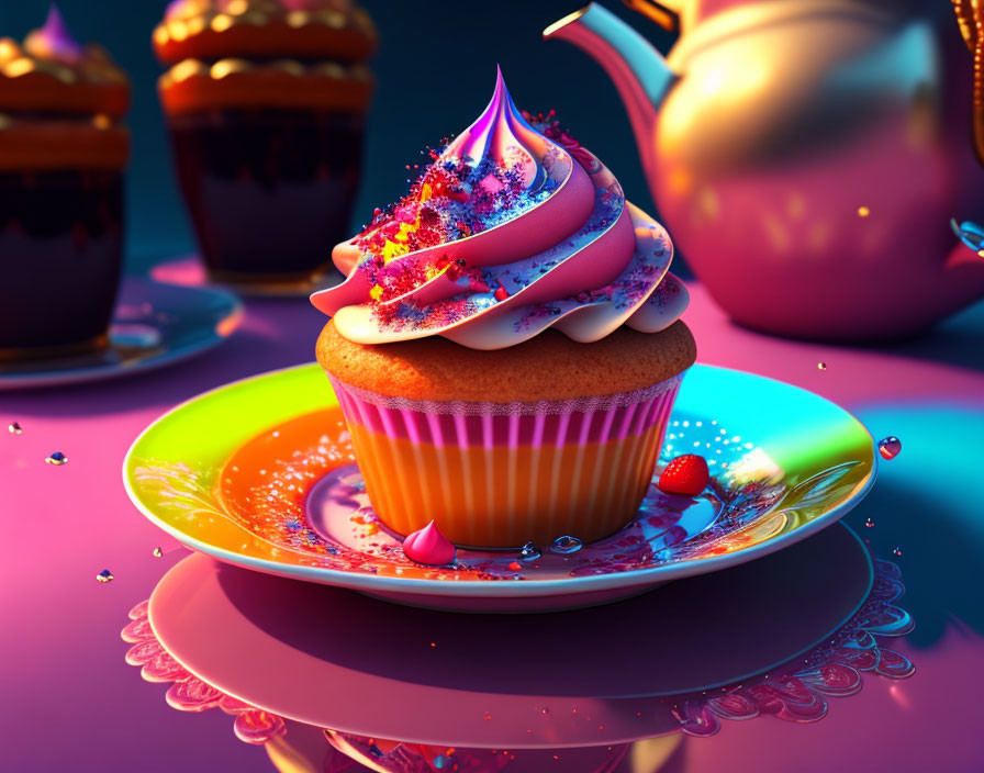 Colorful Cupcake with Rainbow Frosting on Vibrant Plate with Teapot and Cups