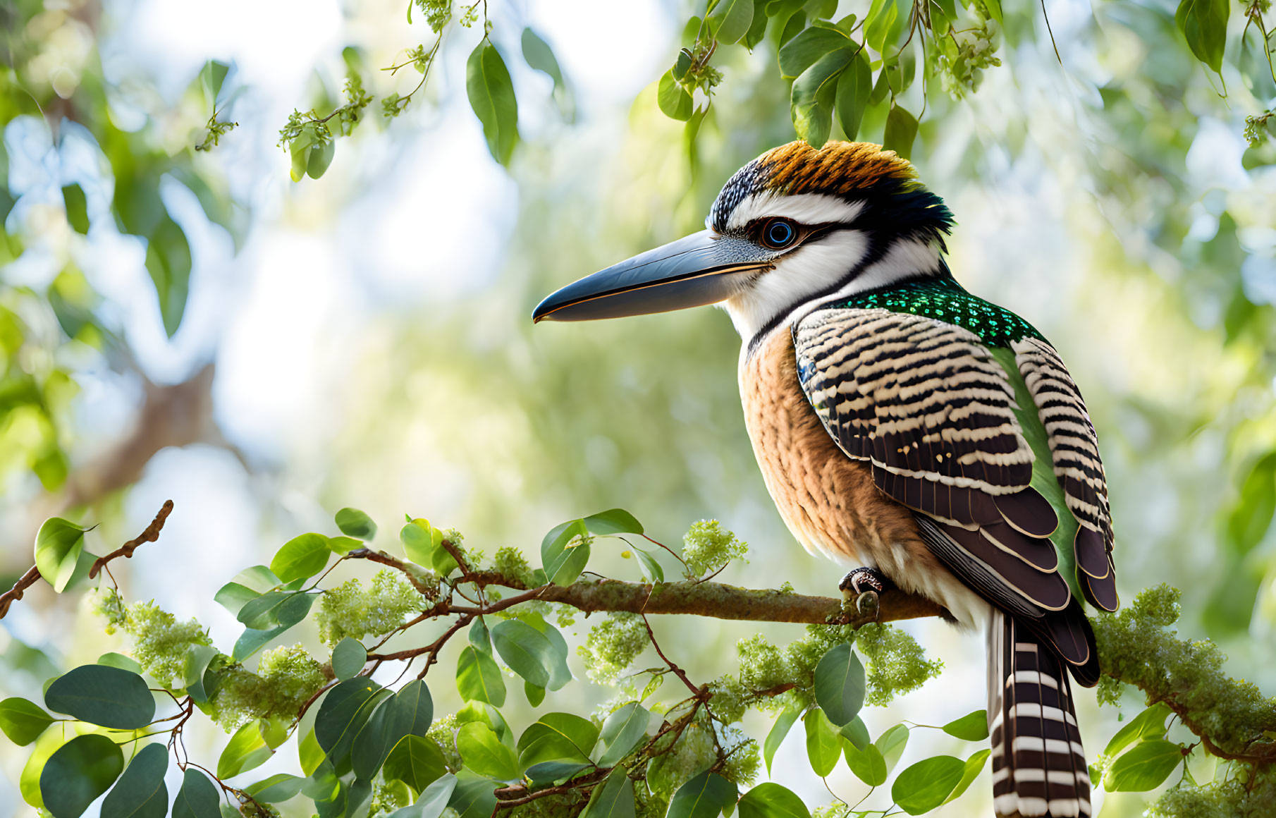 Australian Kookaburra Bird on Tree Branch with Green Leaves