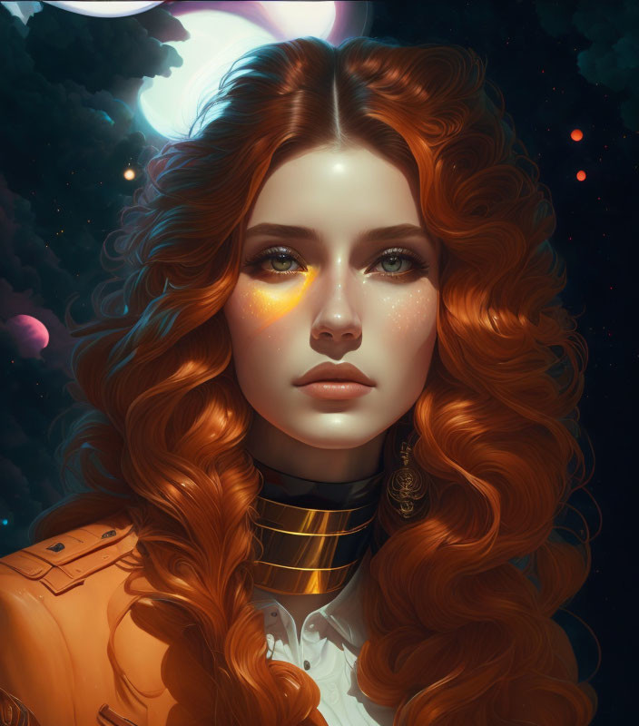 Vibrant Red-Haired Woman Portrait with Space Theme