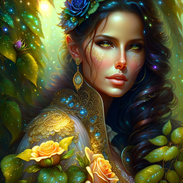 Fantasy portrait of woman with wavy hair in floral jewelry against vibrant forest.