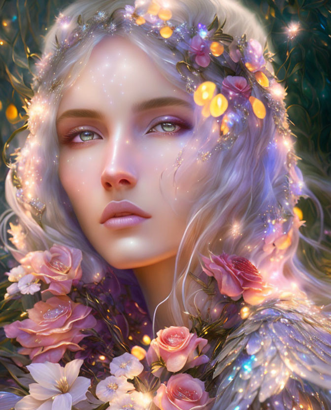 Fantasy figure with luminous skin among flowers and lights