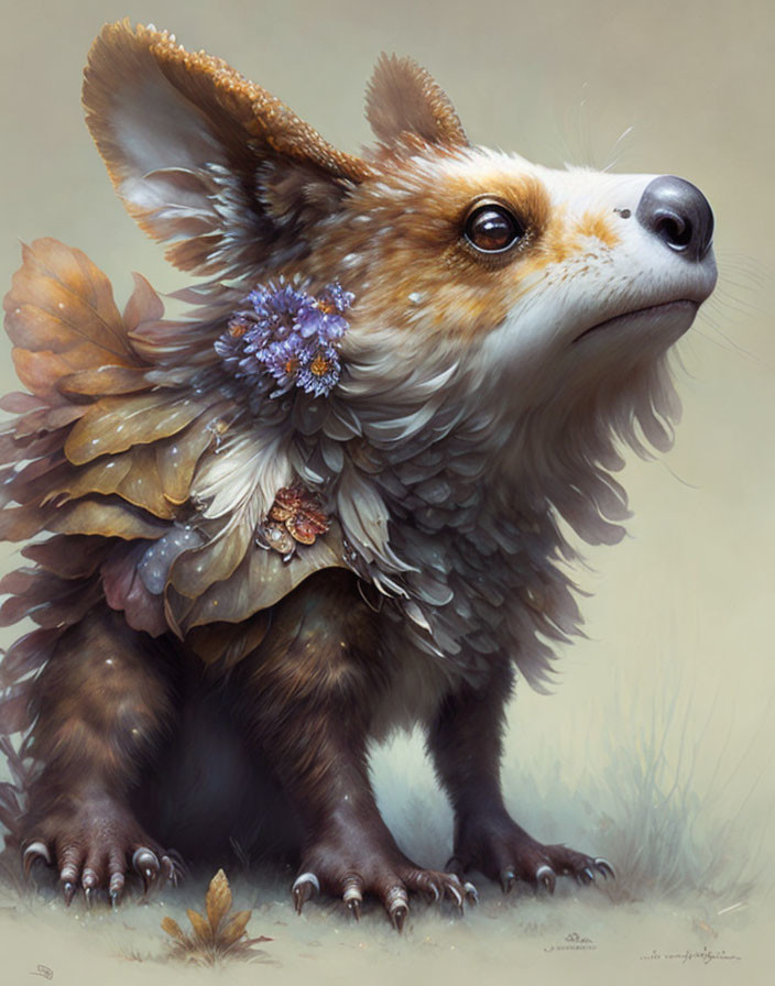 Whimsical fox-like creature with leaf ears and floral coat