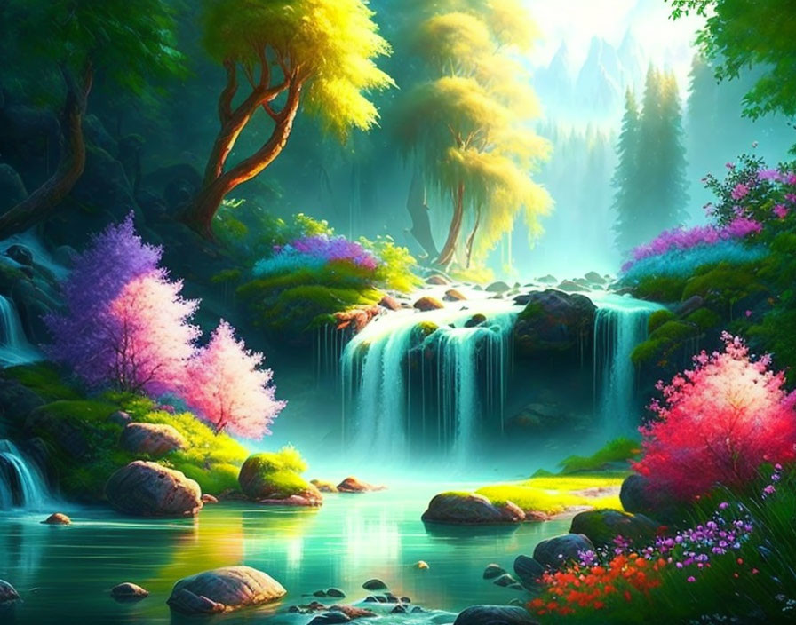 Colorful Trees and Waterfall in Misty Landscape