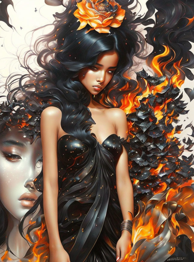 Illustration of woman with dark hair, orange flower, black dress, flames, and face silhouette