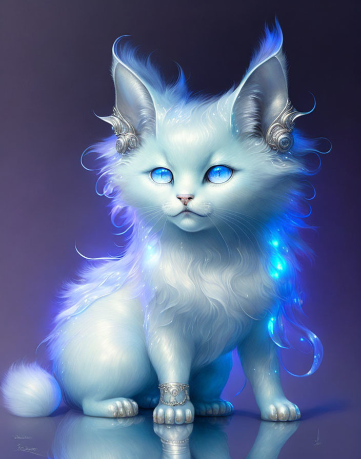 Fantastical Blue Cat with Luminous Fur and Silver Horn-like Embellishments