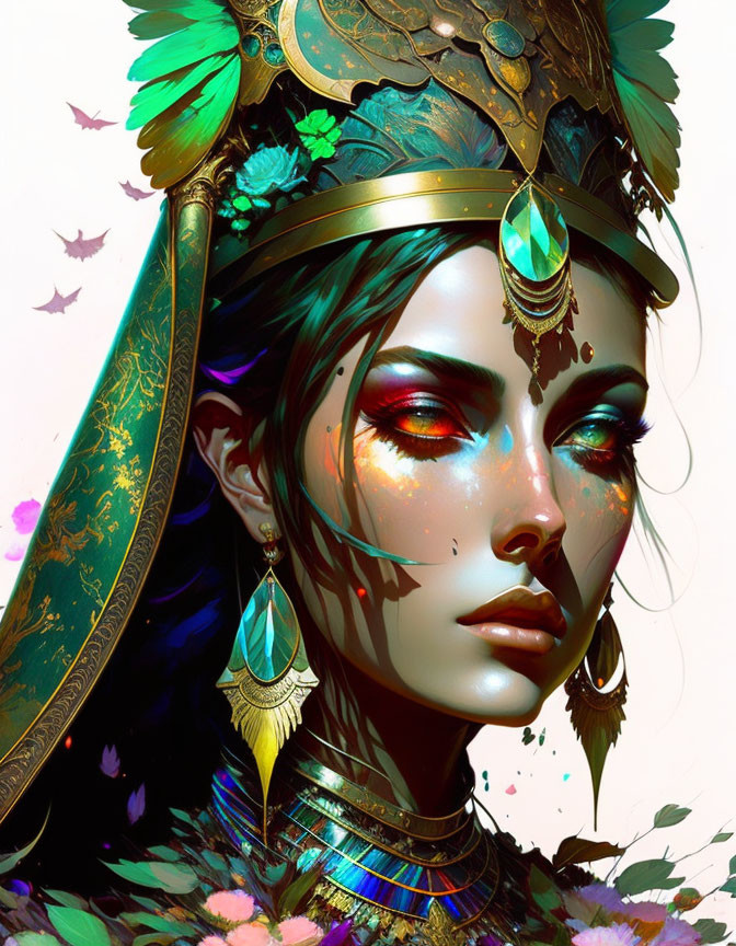 Colorful digital artwork of woman with golden headgear and floral accents