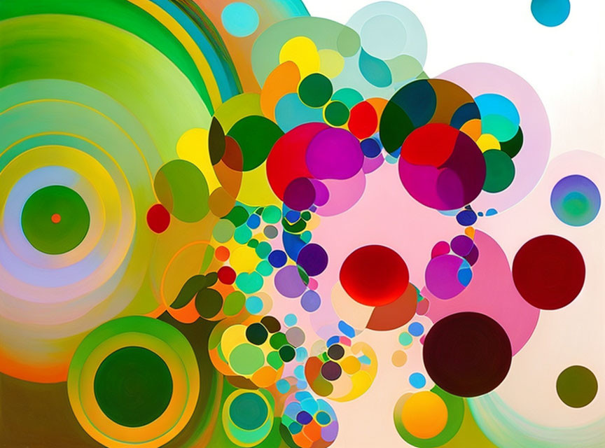 Colorful Abstract Painting with Overlapping Circles and Swirls