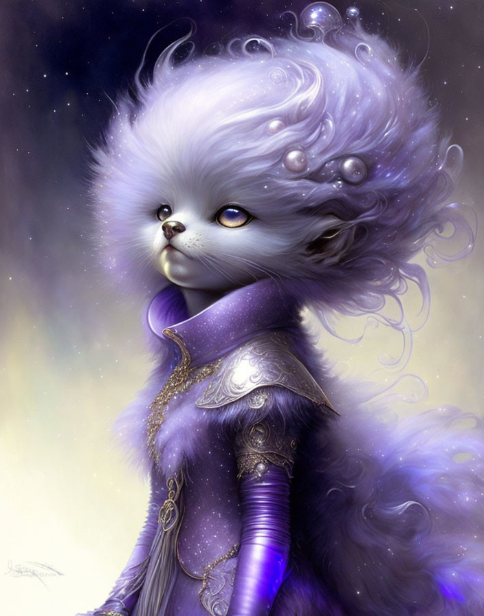 Anthropomorphic fluffy creature in regal purple outfit on starry backdrop