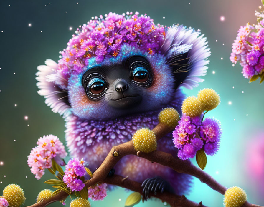 Purple fluffy creature with sparkling eyes on branch with flowers