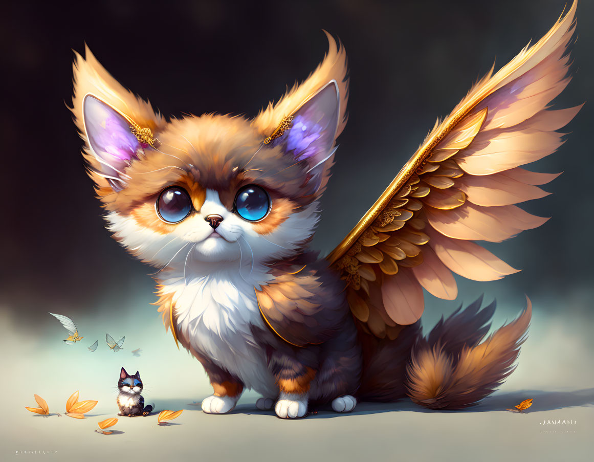 Detailed whimsical illustration of large-eyed, orange furred creature with wings.