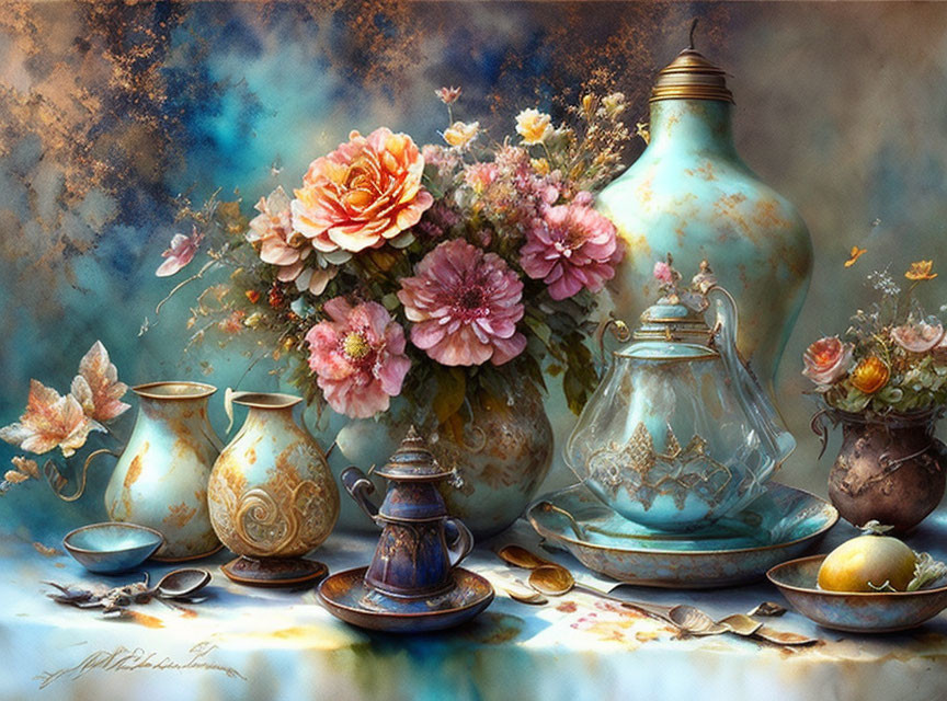 Elegant Still Life Painting with Teapots, Cups, Pitchers & Flowers