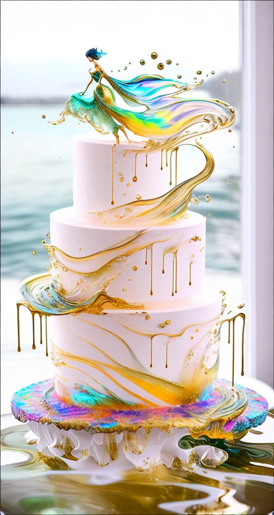 Elegant multi-tiered white cake with gold-accented icing against seascape