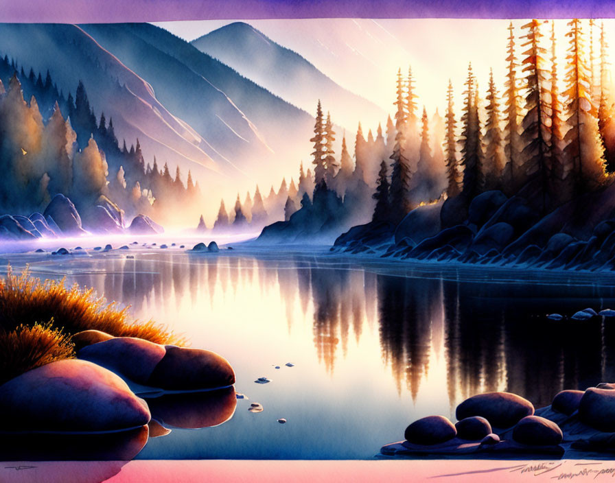 Serene mountain landscape at sunset with river and pine trees