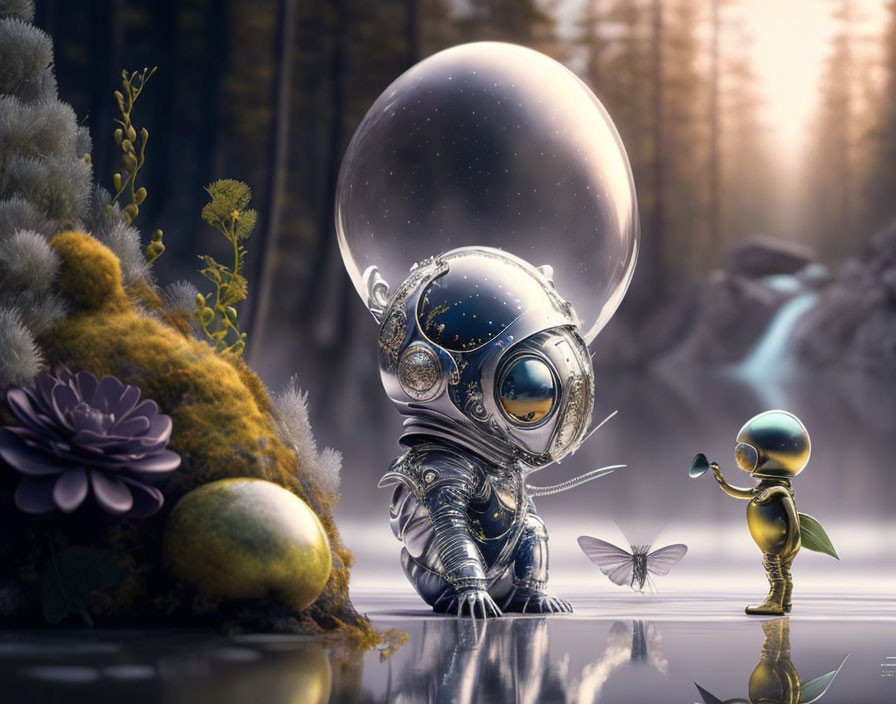 Whimsical astronaut characters in forest with butterfly