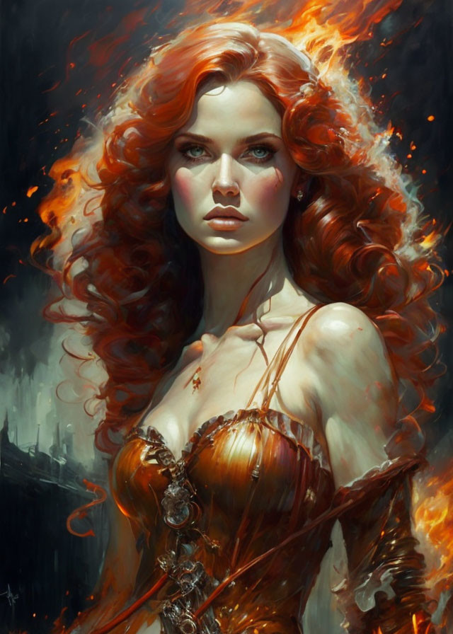 Digital art portrait: Woman with red hair, green eyes, golden corset, fiery background