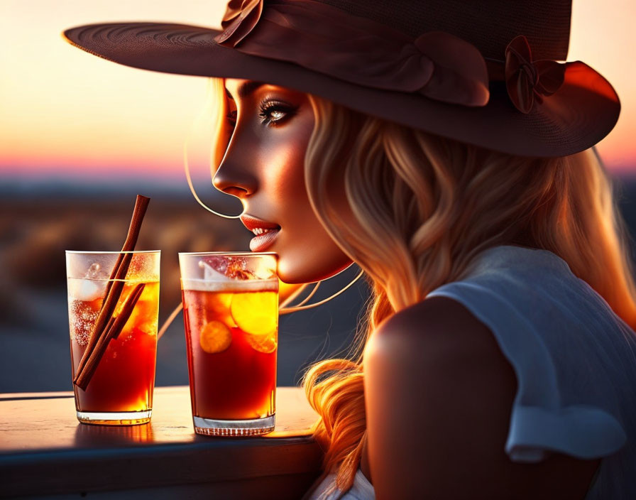 Woman in hat gazes at sunset with iced drinks