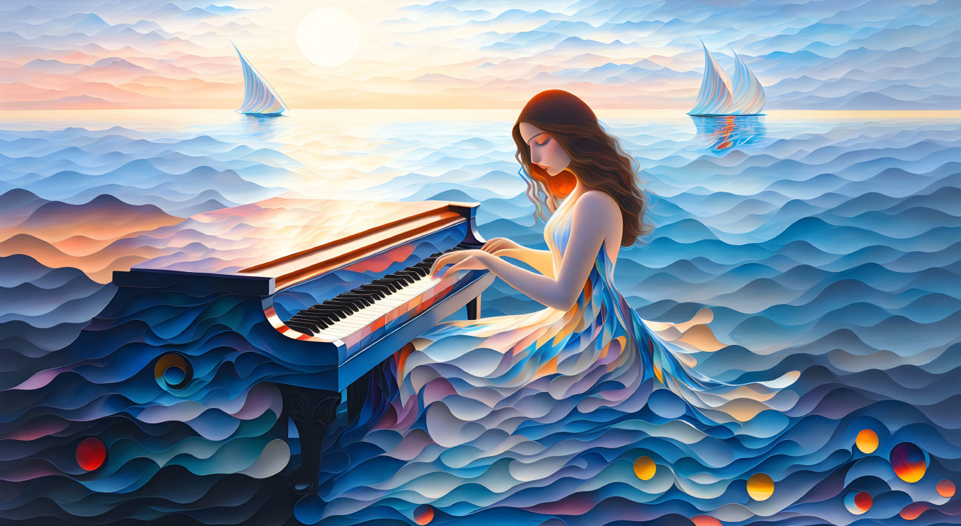 Woman playing grand piano on ocean waves with sailboats at sunset