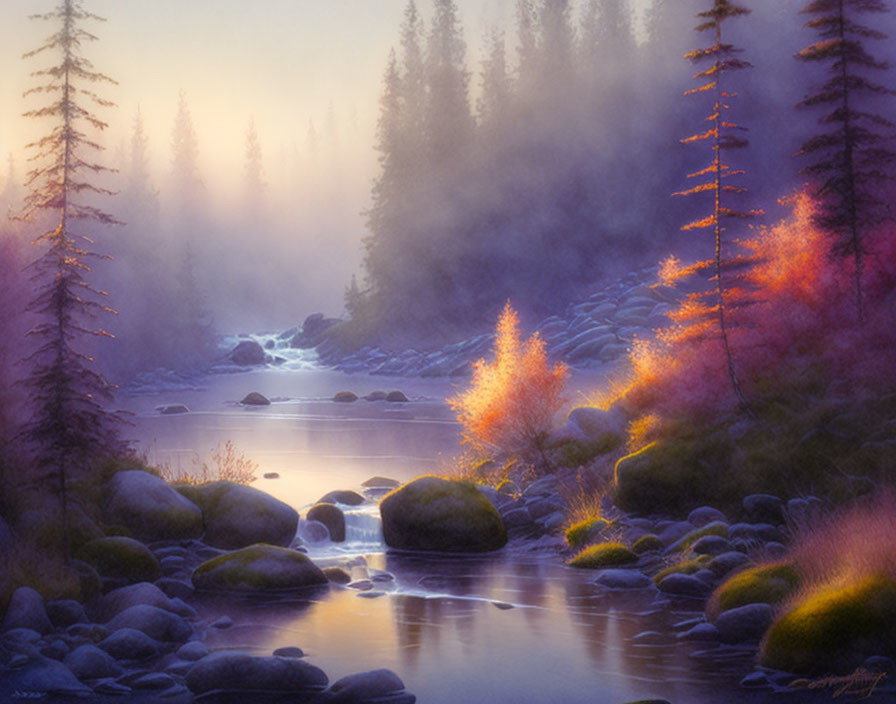 Tranquil forest sunrise with gentle stream and pink glow.