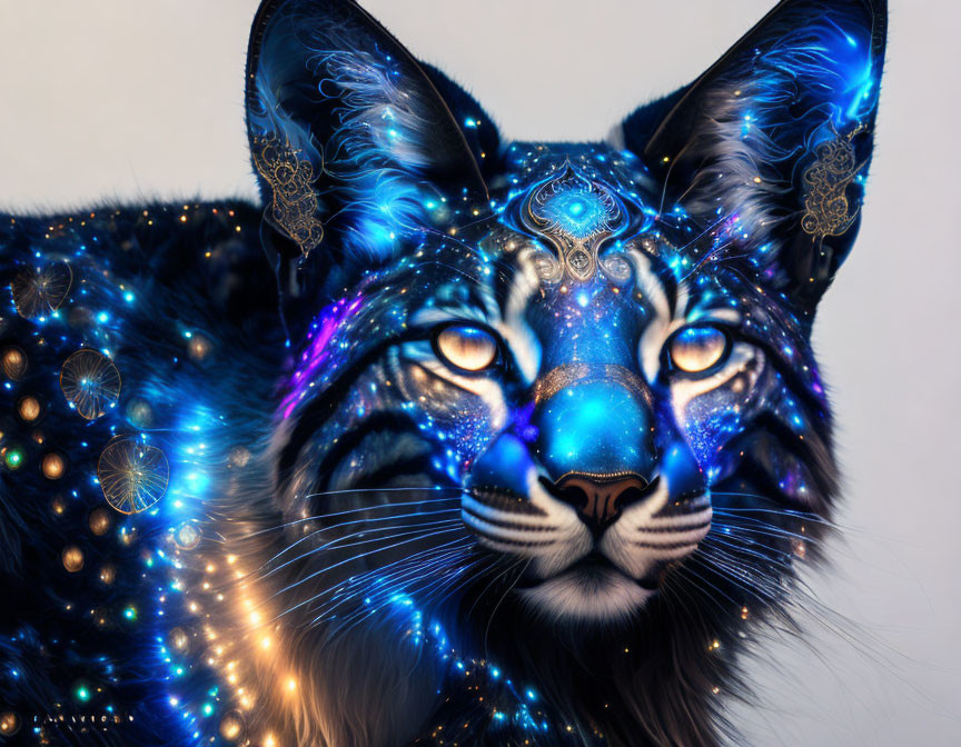 Vibrant blue galaxy cat face with golden details