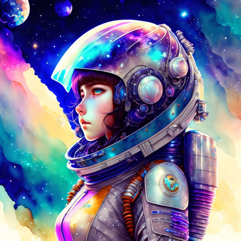 Colorful illustration: Young girl in futuristic astronaut suit with blue eyes, cosmic background