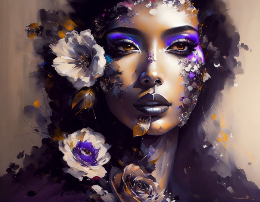 Colorful digital painting of woman with purple makeup and floral skin art on dark backdrop