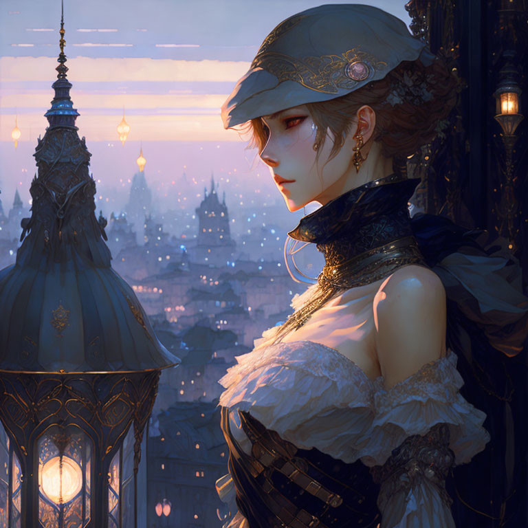 Victorian-inspired character in twilight cityscape with ornate streetlamps