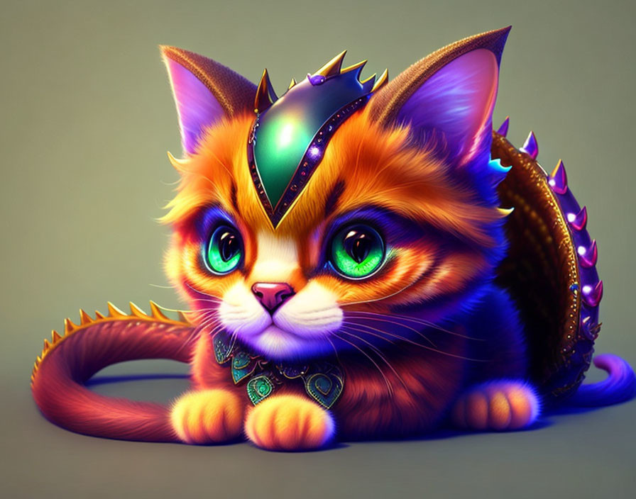 Whimsical orange cat with jewel-encrusted crown and armor