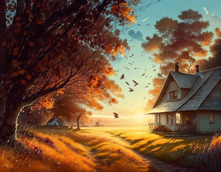 Golden autumn landscape with cozy house, trees shedding leaves, birds, and warm sunset glow.