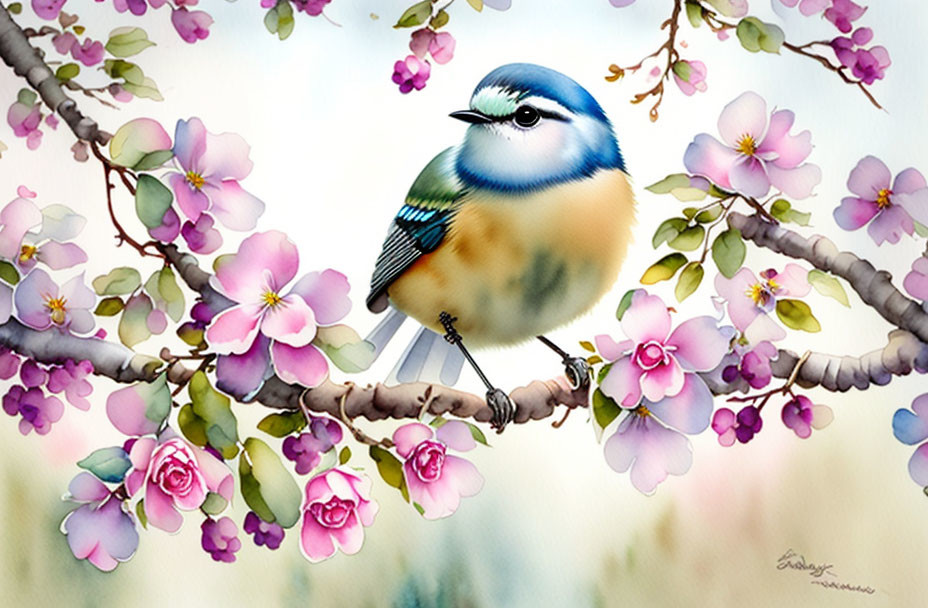 Vibrant bird illustration on blossoming branch with colorful flowers