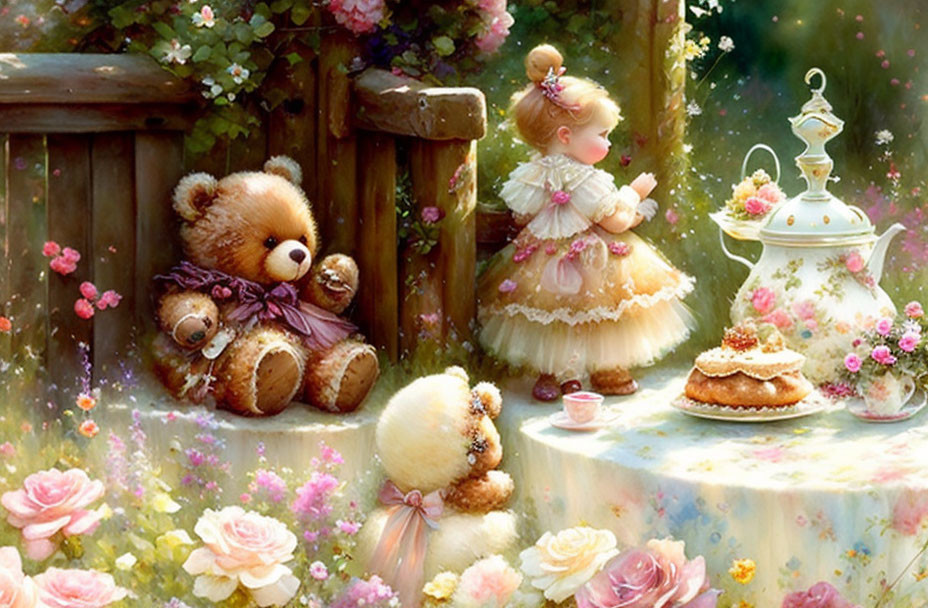 Whimsical illustration of little girl with teddy bear, tea, cake, and blooming flowers