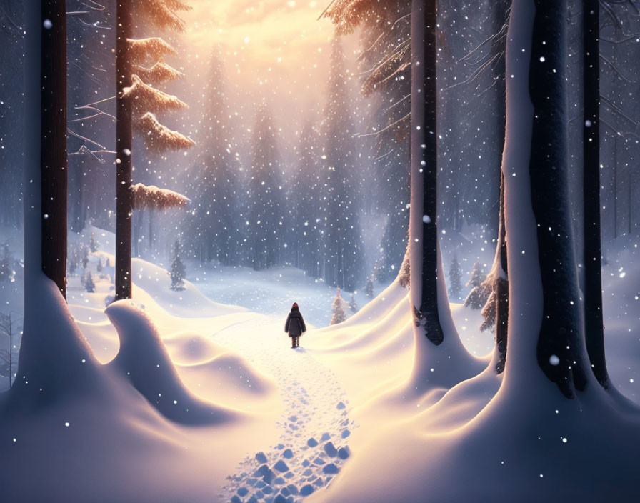 Person Walking on Snowy Path Through Serene Winter Forest