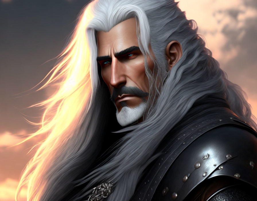 Illustration of stern-faced man with long white hair, full beard, piercing eyes in dark studded