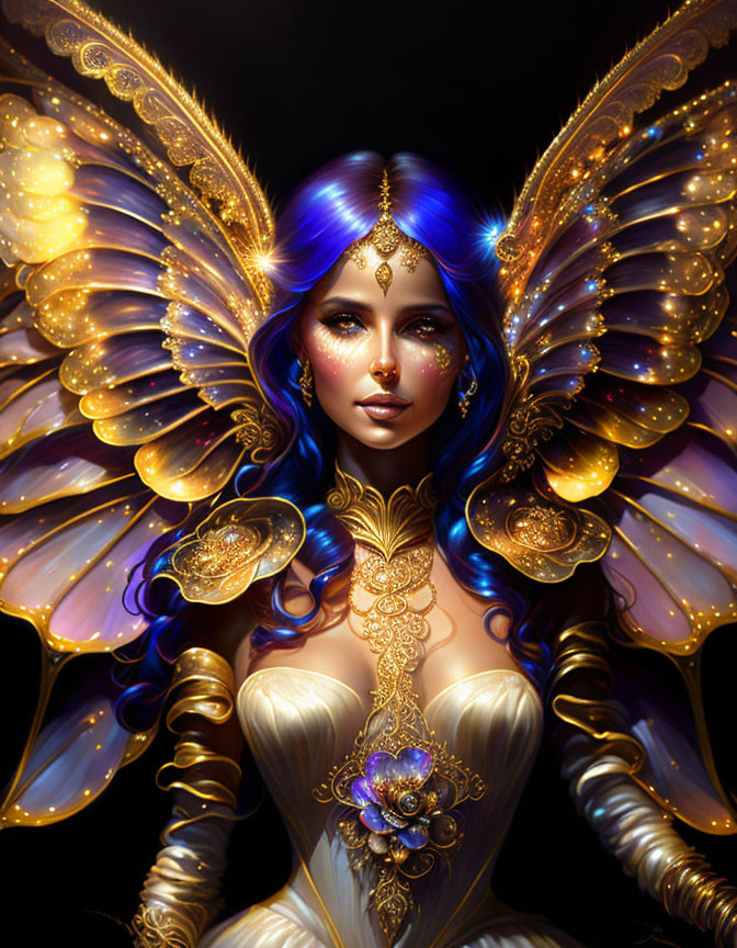 Fantasy female figure with vibrant butterfly wings and gold jewelry