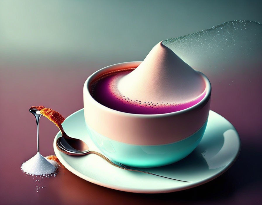 Digital art: Cappuccino with exaggerated foam peak and pouring sugar spoon