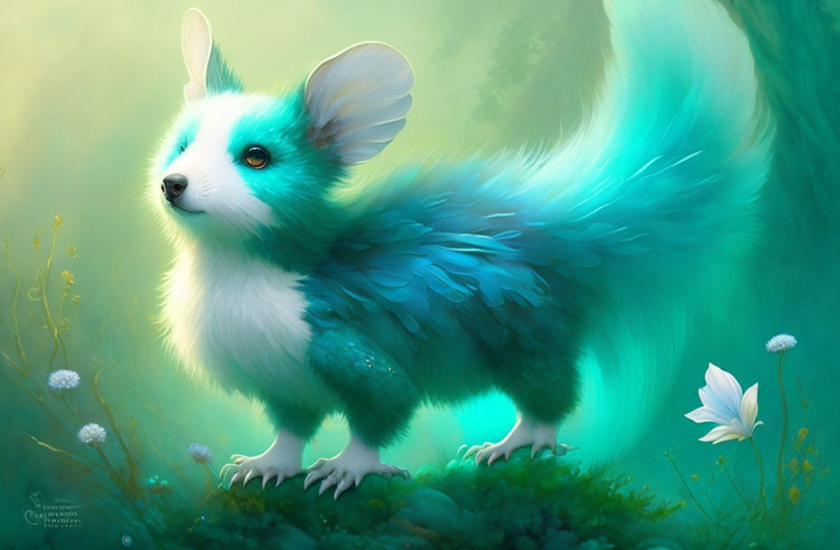 Fluffy blue-green fox creature in verdant landscape with white flowers