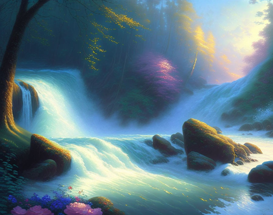 Tranquil forest landscape with glowing waterfall and lush surroundings