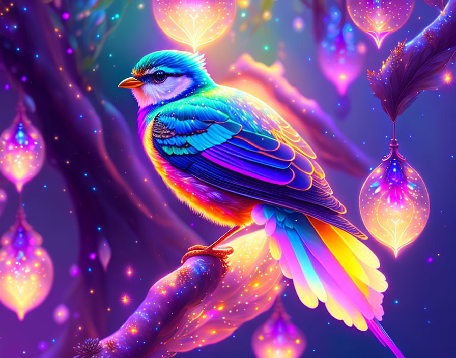 Colorful Bird on Branch Surrounded by Flowers and Lanterns in Enchanted Forest