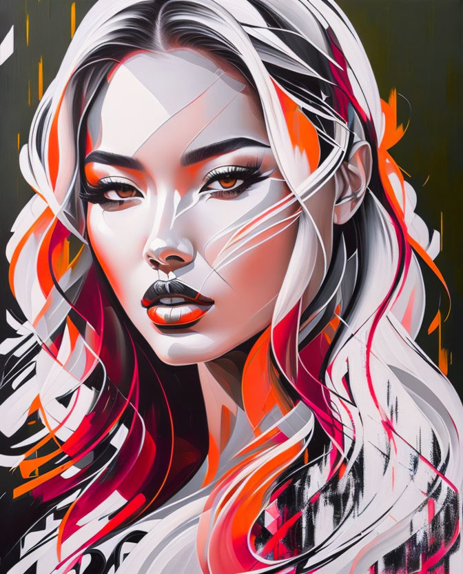 Colorful digital artwork: Woman with white and orange hair, bold lines, dark/light contrast