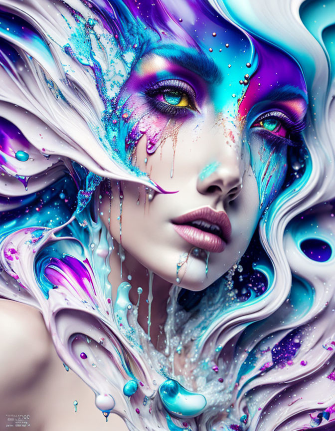 Colorful surreal portrait of a woman with swirling liquid effects