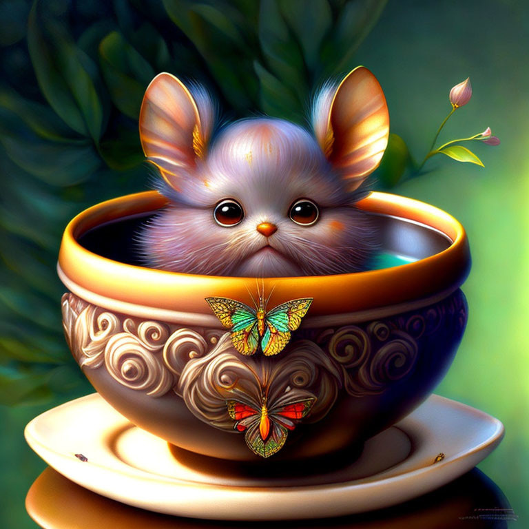 Fluffy creature in teacup with butterflies