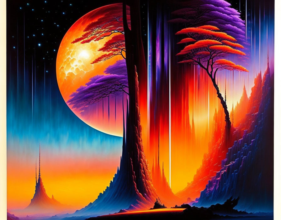 Fantastical landscape with colossal trees and flowing lava