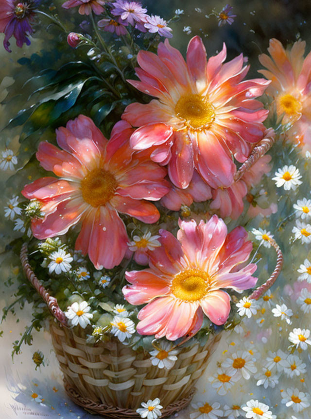 Colorful painting of daisies in a basket with white flowers on softly lit backdrop