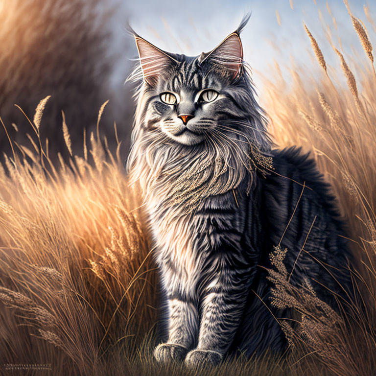 Long-Haired Cat in Golden Grass with Piercing Eyes