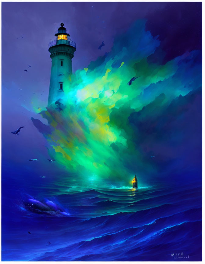 Digital artwork: Lighthouse with aurora light over ocean waves