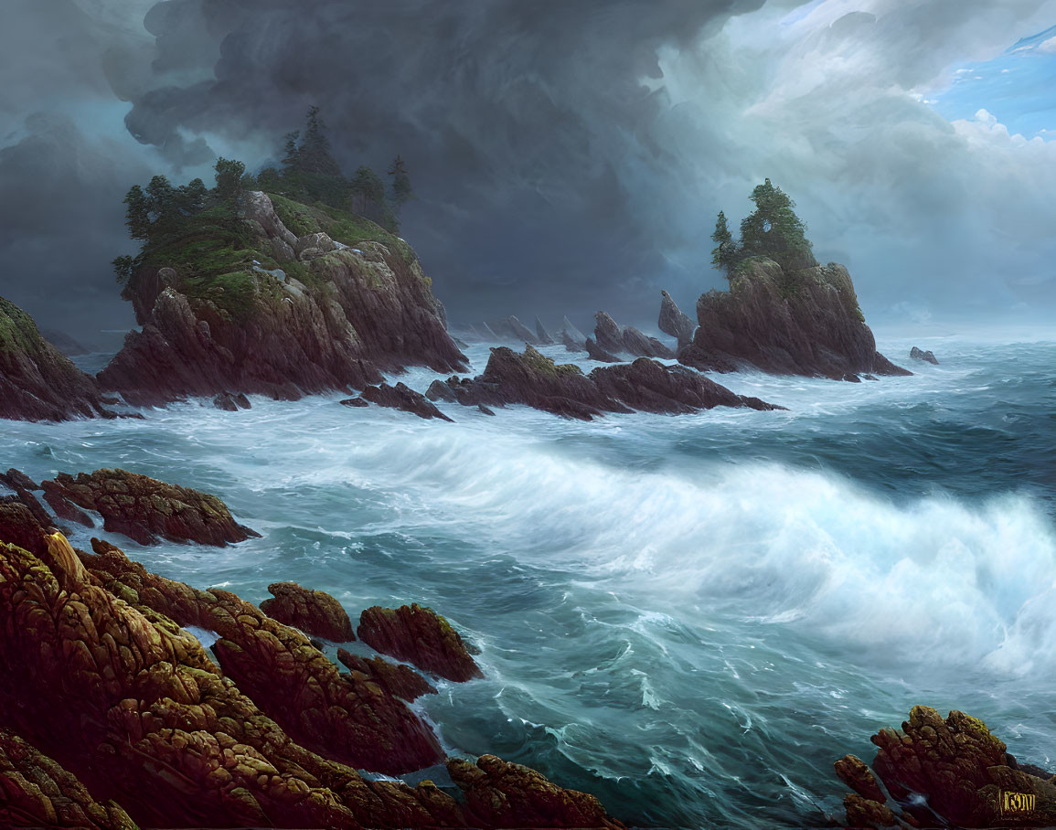 Dramatic stormy seas against rugged cliffs and pine-covered islets