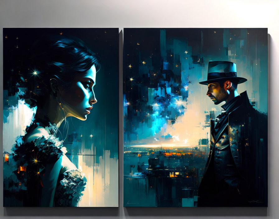 Dual-panel Artwork: Woman and Man Profiles with Nocturnal Cityscape Background