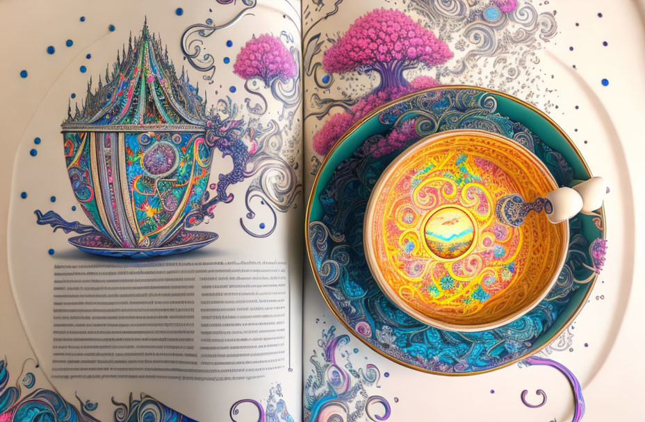 Colorful illustrations of a ship and bowl in an open book