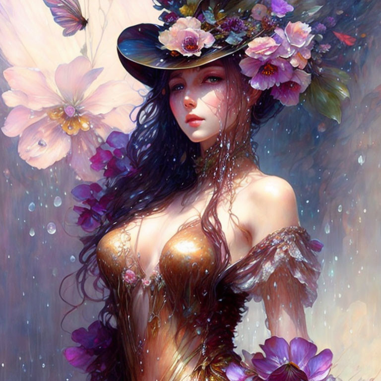 Digital artwork of woman with floral hat in dreamy setting